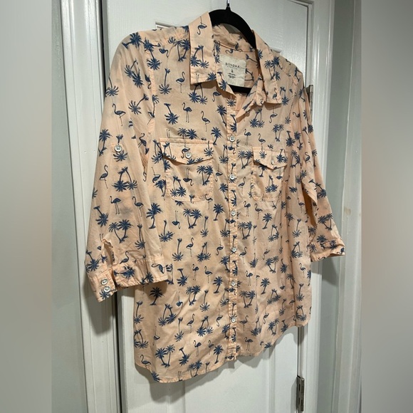 Sonoma Size M Pink Blue 3/4 Sleeve Button Down Shirt Flamingo Palm Tree Print - Picture 3 of 9